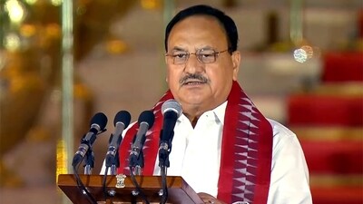 Bharatiya Janata Party (BJP) leader J. P. Nadda takes oath as the Cabinet Minister during the swearing-in ceremony, at Rashtrapati Bhavan, in New Delhi on Sunday. (ANI) Bharatiya Janata Party (BJP) leader J. P. Nadda takes oath as the Cabinet Minister during the swearing-in ceremony, at Rashtrapati Bhavan, in New Delhi on Sunday. (ANI)