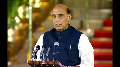 Bharatiya Janata Party (BJP) leader Rajnath Singh takes oath as Cabinet Minister in the Narendra Modi led NDA government, during the swearing-in ceremony at the forecourt of Rashtrapati Bhavan, New Delhi on Sunday. (ANI) Bharatiya Janata Party (BJP) leader Rajnath Singh takes oath as Cabinet Minister in the Narendra Modi led NDA government, during the swearing-in ceremony at the forecourt of Rashtrapati Bhavan, New Delhi on Sunday. (ANI)