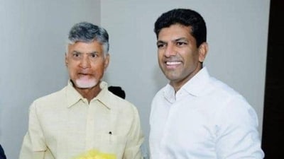 Chandra Sekhar Pemmasani with TDP chief Chandrababu Naidu (Twitter Photo)