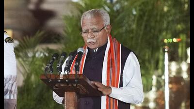 Karnal BJP MP Manohar Lal Khattar takes oath as minister during the swearing-in ceremony of new Union government, at Rashtrapati Bhavan in New Delhi on Sunday. (PTI) Karnal BJP MP Manohar Lal Khattar takes oath as minister during the swearing-in ceremony of new Union government, at Rashtrapati Bhavan in New Delhi on Sunday. (PTI)