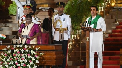 Rashtriya Lok Dal (RLD) Leader, Jayant Chaudhary takes oath as a cabinet minister (MOS) during the swearing-in ceremony of the NDA government, at Rashtrapati Bhavan in New Delhi, India, on Sunday, June 09, 2024. Narendra Modi took over as the Prime Minister of India for a third consecutive term at a glittering ceremony at the forecourt of Rashtrapati Bhavan (Photo by Ajay Aggarwal/ Hindustan Times) Rashtriya Lok Dal (RLD) Leader, Jayant Chaudhary takes oath as a cabinet minister (MOS) during the swearing-in ceremony of the NDA government, at Rashtrapati Bhavan in New Delhi, India, on Sunday, June 09, 2024. Narendra Modi took over as the Prime Minister of India for a third consecutive term at a glittering ceremony at the forecourt of Rashtrapati Bhavan (Photo by Ajay Aggarwal/ Hindustan Times)