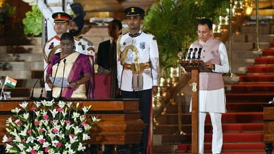 Bharatiya Janata Party (BJP) Leader, Jitin Prasada takes oath as a cabinet minister (MOS) during the swearing-in ceremony of the NDA government, at Rashtrapati Bhavan in New Delhi, India, on Sunday, June 09, 2024. Narendra Modi took over as the Prime Minister of India for a third consecutive term at a glittering ceremony at the forecourt of Rashtrapati Bhavan (Photo by Ajay Aggarwal/ Hindustan Times) Bharatiya Janata Party (BJP) Leader, Jitin Prasada takes oath as a cabinet minister (MOS) during the swearing-in ceremony of the NDA government, at Rashtrapati Bhavan in New Delhi, India, on Sunday, June 09, 2024. Narendra Modi took over as the Prime Minister of India for a third consecutive term at a glittering ceremony at the forecourt of Rashtrapati Bhavan (Photo by Ajay Aggarwal/ Hindustan Times)