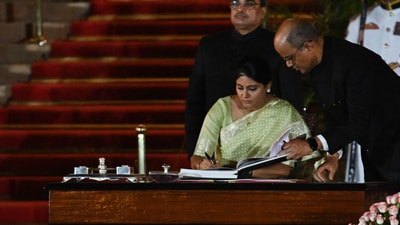 Apna Dal (Soneylal) Leader, Anupriya Patel signs the papers after taking oath as a cabinet minister (MOS) during the swearing-in ceremony of the NDA government, at Rashtrapati Bhavan in New Delhi, India, on Sunday, June 09, 2024. (Photo by Ajay Aggarwal/ Hindustan Times) Apna Dal (Soneylal) Leader, Anupriya Patel signs the papers after taking oath as a cabinet minister (MOS) during the swearing-in ceremony of the NDA government, at Rashtrapati Bhavan in New Delhi, India, on Sunday, June 09, 2024. (Photo by Ajay Aggarwal/ Hindustan Times)