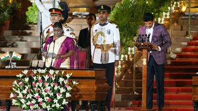 Telugu Desam Party (TDP) Leader, Dr. Chandra Sekhar Pemmasani takes oath as a cabinet minister (MOS) during the swearing-in ceremony of the NDA government, at Rashtrapati Bhavan in New Delhi, India, on Sunday, June 09, 2024. (Photo by Ajay Aggarwal/ Hindustan Times) Telugu Desam Party (TDP) Leader, Dr. Chandra Sekhar Pemmasani takes oath as a cabinet minister (MOS) during the swearing-in ceremony of the NDA government, at Rashtrapati Bhavan in New Delhi, India, on Sunday, June 09, 2024. (Photo by Ajay Aggarwal/ Hindustan Times)