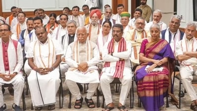 NDA leaders during an interaction with Prime Minister-designate Narendra Modi in Delhi on Sunday. (PTI) NDA leaders during an interaction with Prime Minister-designate Narendra Modi in Delhi on Sunday. (PTI)