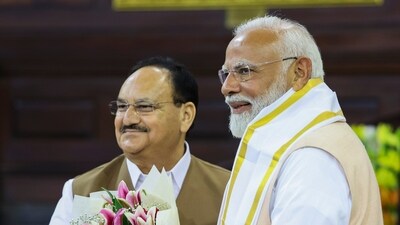 Prime Minister Narendra Modi being welcomed by BJP President JP Nadda at the NDA Parliamentary Party meeting last week. (PTI) Prime Minister Narendra Modi being welcomed by BJP President JP Nadda at the NDA Parliamentary Party meeting last week. (PTI)