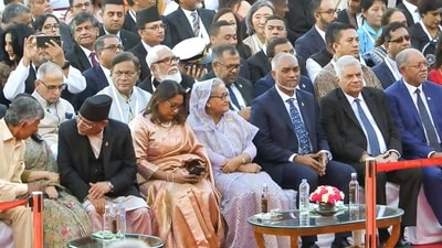 Foreign dignitaries gathered at Rashtrapati Bhavan for PM-designate Narendra Modi's third consecutive term oath-taking ceremony in New Delhi on Sunday. (PTI) Foreign dignitaries gathered at Rashtrapati Bhavan for PM-designate Narendra Modi's third consecutive term oath-taking ceremony in New Delhi on Sunday. (PTI)