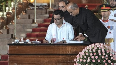 BJP leader Pabitra Margherita takes oath as minister at the swearing-in ceremony of the new Union government, at Rashtrapati Bhavan in New Delhi, Sunday, June 9, 2024. (PTI Photo/Atul Yadav) BJP leader Pabitra Margherita takes oath as minister at the swearing-in ceremony of the new Union government, at Rashtrapati Bhavan in New Delhi, Sunday, June 9, 2024. (PTI Photo/Atul Yadav)