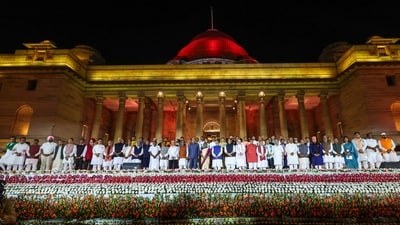 New Delhi: President Droupadi Murmu and Vice President Jagdeep Dhankhar with Prime Minister Narendra Modi and other ministers at the swearing-in ceremony of new Union government, at Rashtrapati Bhavan in New Delhi, Sunday, June 9, 2024. (PTI Photo)(PTI06_10_2024_000015B) (PTI) New Delhi: President Droupadi Murmu and Vice President Jagdeep Dhankhar with Prime Minister Narendra Modi and other ministers at the swearing-in ceremony of new Union government, at Rashtrapati Bhavan in New Delhi, Sunday, June 9, 2024. (PTI Photo)(PTI06_10_2024_000015B) (PTI)