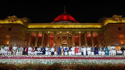 President Droupadi Murmu and Vice President Jagdeep Dhankhar with Prime Minister Narendra Modi and other ministers at the swearing-in ceremony of new Union government, at Rashtrapati Bhavan in New Delhi, Sunday, June 9, 2024. (PTI) President Droupadi Murmu and Vice President Jagdeep Dhankhar with Prime Minister Narendra Modi and other ministers at the swearing-in ceremony of new Union government, at Rashtrapati Bhavan in New Delhi, Sunday, June 9, 2024. (PTI)