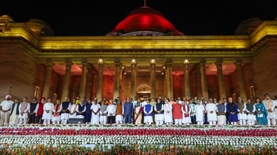 President Droupadi Murmu and Vice President Jagdeep Dhankhar with Prime Minister Narendra Modi and other ministers at the swearing-in ceremony of new Union government, at Rashtrapati Bhavan in New Delhi, Sunday. (PTI) President Droupadi Murmu and Vice President Jagdeep Dhankhar with Prime Minister Narendra Modi and other ministers at the swearing-in ceremony of new Union government, at Rashtrapati Bhavan in New Delhi, Sunday. (PTI)