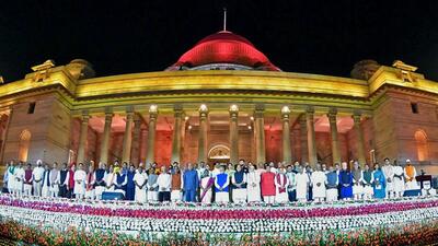 President Droupadi Murmu and Vice President Jagdeep Dhankhar pose for a group picture with the newly sworn-in Prime Minister Narendra Modi and Union Council of Ministers during a ceremony, at Rashtrapati Bhavan, on Sunday. (PM Modi X) President Droupadi Murmu and Vice President Jagdeep Dhankhar pose for a group picture with the newly sworn-in Prime Minister Narendra Modi and Union Council of Ministers during a ceremony, at Rashtrapati Bhavan, on Sunday. (PM Modi X)