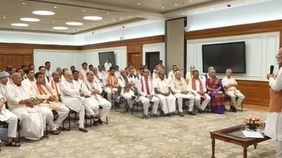 PM-elect Narendra Modi addressing ministerial probables at his residence on Sunday (HT Photo) PM-elect Narendra Modi addressing ministerial probables at his residence on Sunday (HT Photo)