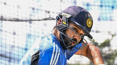 Indian cricket team captain Rohit Sharma bats during a training session ahead of the ICC Men's T20 World Cup cricket match against Pakistan. (PTI) Indian cricket team captain Rohit Sharma bats during a training session ahead of the ICC Men's T20 World Cup cricket match against Pakistan. (PTI)