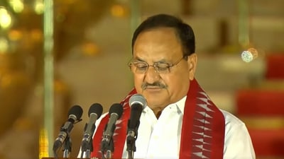 BJP national president and Rajya Sabha MP, Jagat Prakash Nadda, took the oath as a Union Cabinet minister on Sunday. (X/BJP) BJP national president and Rajya Sabha MP, Jagat Prakash Nadda, took the oath as a Union Cabinet minister on Sunday. (X/BJP)