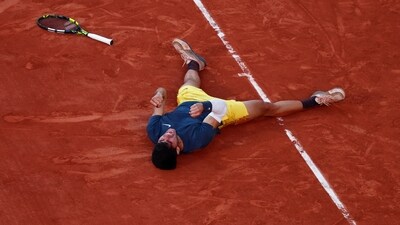 Spain's Carlos Alcaraz celebrates after winning the men's singles final against Germany's Alexander Zverev (REUTERS)