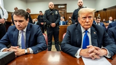 Former President Donald Trump at the  Manhattan Criminal Court room Talking to the pool and in courtroom at trial in  NYC  May 30  2024. Mark Peterson/Pool via REUTERS (via REUTERS)