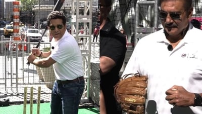 Sachin Tendulkar plays baseball with Ravi Shastri. Sachin Tendulkar plays baseball with Ravi Shastri.