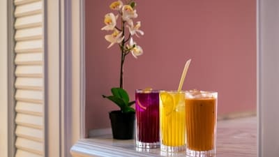 L to R: Blue butterfly pea iced tea, lemongrass iced tea and Thai iced tea L to R: Blue butterfly pea iced tea, lemongrass iced tea and Thai iced tea