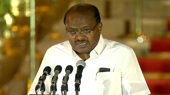Janata Dal (Secular) leader H D Kumaraswamy took oath as Cabinet Minister at the forecourt of Rashtrapati Bhavan, New Delhi on Sunday. JD(S) is part of Prime Minister Narendra Modi-led NDA government.(ANI)