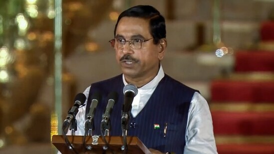 BJP leader Pralhad Joshi took the oath as Union Minister under the NDA government at Rashtrapati Bhavan in New Delhi on Sunday. He served as the Minister of Parliamentary Affairs and also held the portfolios of Coal and Mines during the previous Narendra Modi-led government.(ANI)