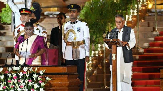 Janata Dal (United) Leader, Ramnath Thakur takes oath as a cabinet minister (MOS) during the swearing-in ceremony of the NDA government, at Rashtrapati Bhavan in New Delhi, India, on Sunday, June 09, 2024. (Photo by Ajay Aggarwal/ Hindustan Times)