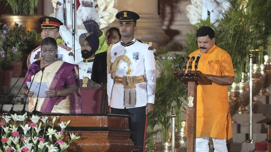 BJP leader Satish Chandra Dubey takes oath as minister at the swearing-in ceremony of the new Union government, at Rashtrapati Bhavan in New Delhi, Sunday, June 9, 2024. (PTI Photo/Atul Yadav)