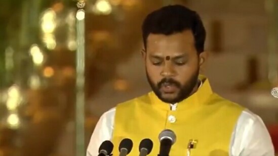 Telugu Desam Party (TDP) MP Kinjarapu Ram Mohan Naidu took the oath as a Union Cabinet Minister on Sunday at Rashtrapati Bhavan. TDP, led by N Chandrababu Naidu, is part of the BJP-led National Democratic Alliance (NDA), which won 16 parliamentary seats in Andhra Pradesh.(ANI)