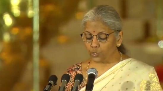 BJP leader Nirmala Sitharaman took the oath as a Union Cabinet Minister on Sunday at Rashtrapati Bhavan for the 18th Lok Sabha. She served as the Union Finance Minister in the previous government led by Prime Minister Narendra Modi.(ANI)