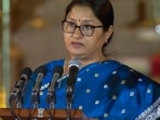 Bharatiya Janata Party (BJP) leader Annapurna Devi takes oath as Union Cabinet Minister in the Prime Minister Narendra Modi-led NDA government, at Rashtrapati Bhawan, in New Delhi on Sunday. (ANI Photo)