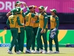 Anrich Nortje of South Africa celebrates during the ICC Men's T20 Cricket World Cup West Indies & USA 2024 match between Netherlands and South Africa at Nassau County International Cricket Stadium on June 08, 2024