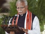 Karnal BJP MP Manohar Lal Khattar takes oath as minister during the swearing-in ceremony of new Union government, at Rashtrapati Bhavan in New Delhi on Sunday. (PTI)
