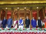 President Droupadi Murmu, vice-president Jagdeep Dhankhar and Prime Minister Narendra Modi with leaders of the India’s neighbourhood countries in New Delhi on Sunday. (PTI Photo) President Droupadi Murmu, vice-president Jagdeep Dhankhar and Prime Minister Narendra Modi with leaders of the India’s neighbourhood countries in New Delhi on Sunday. (PTI Photo)