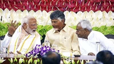 New Delhi, Jun 7 (ANI): Prime Minister Narendra Modi in conversation with Telugu Desam Party (TDP) Chief N Chandrababu Naidu and Bihar Chief Minister Nitish Kumar during the National Democratic Alliance (NDA) Parliamentary Party meeting, at the Samvidhan Sadan, in New Delhi on Friday. (ANI Photo) (ANI) New Delhi, Jun 7 (ANI): Prime Minister Narendra Modi in conversation with Telugu Desam Party (TDP) Chief N Chandrababu Naidu and Bihar Chief Minister Nitish Kumar during the National Democratic Alliance (NDA) Parliamentary Party meeting, at the Samvidhan Sadan, in New Delhi on Friday. (ANI Photo) (ANI)