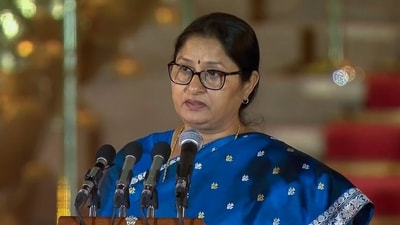 Bharatiya Janata Party (BJP) leader Annapurna Devi takes oath as Union Cabinet Minister in the Prime Minister Narendra Modi-led NDA government, at Rashtrapati Bhawan, in New Delhi on Sunday. (ANI Photo) (ANI)