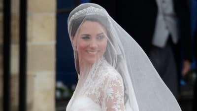 FILE - Kate Middleton arrives at Westminster Abbey at the Royal Wedding in London Friday, April 29, 2011. (AP Photo/Gero Breloer, File) (AP)
