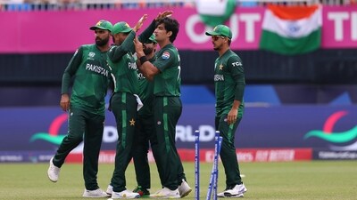 Naseem Shah of Pakistan celebrate with teammates after dismissing Axar Patel of India during the ICC Men's T20 Cricket World Cup West Indies & USA 2024 match between India and Pakistan (Getty Images via AFP) Naseem Shah of Pakistan celebrate with teammates after dismissing Axar Patel of India during the ICC Men's T20 Cricket World Cup West Indies & USA 2024 match between India and Pakistan (Getty Images via AFP)