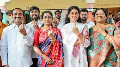 Former Minister and BJP candidate from Malkajgiri, Eatala Rajender along with his family members show their ink-marked fingers after casting their vote during the fourth phase of the Lok Sabha polls. (ANI) Former Minister and BJP candidate from Malkajgiri, Eatala Rajender along with his family members show their ink-marked fingers after casting their vote during the fourth phase of the Lok Sabha polls. (ANI)