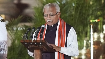 Karnal BJP MP Manohar Lal Khattar takes oath as minister during the swearing-in ceremony of new Union government, at Rashtrapati Bhavan in New Delhi on Sunday. (PTI) Karnal BJP MP Manohar Lal Khattar takes oath as minister during the swearing-in ceremony of new Union government, at Rashtrapati Bhavan in New Delhi on Sunday. (PTI)
