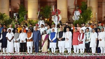 Prime Minister Narendra Modi along with the members of his cabinet during the swearing-in ceremony, at Rashtrapati Bhavan on on Sunday (Hindustan Times) Prime Minister Narendra Modi along with the members of his cabinet during the swearing-in ceremony, at Rashtrapati Bhavan on on Sunday (Hindustan Times)