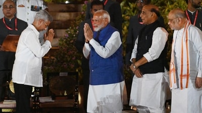Bharatiya Janata Party (BJP) leader, S. Jaishankar greets Prime Minister Narendra Modi after he takes oath as a cabinet minister during the swearing-in ceremony of the NDA government. (Hindustan Times) Bharatiya Janata Party (BJP) leader, S. Jaishankar greets Prime Minister Narendra Modi after he takes oath as a cabinet minister during the swearing-in ceremony of the NDA government. (Hindustan Times)