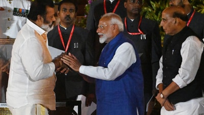 Bharatiya Janata Party (BJP) leader Suresh Gopi greets Prime Minister Narendra Modi as he takes oath as a cabinet minister (MOS) during the swearing-in ceremony of the NDA government at Rashtrapati Bhavan in New Delhi on June 9. (Ajay Aggarwal/Hindustan Times) Bharatiya Janata Party (BJP) leader Suresh Gopi greets Prime Minister Narendra Modi as he takes oath as a cabinet minister (MOS) during the swearing-in ceremony of the NDA government at Rashtrapati Bhavan in New Delhi on June 9. (Ajay Aggarwal/Hindustan Times)