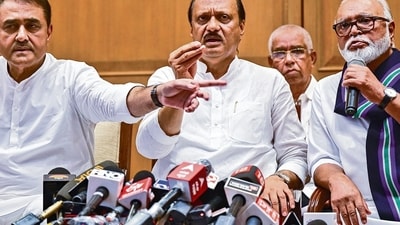 Mumbai, India - July 2, 2023: NCP leader and newly appointed Dy CM Ajit Pawar, NCP MP Praful Patel and NCP MLA and minsiter Chhagan Bhujbal addressing to media during press conference at Sahayadri Guest House, Malbar Hill, in Mumbai, India, on Sunday, July 2, 2023. (Photo by Anshuman Poyrekar/ Hindustan Times) (Hindustan Times) Mumbai, India - July 2, 2023: NCP leader and newly appointed Dy CM Ajit Pawar, NCP MP Praful Patel and NCP MLA and minsiter Chhagan Bhujbal addressing to media during press conference at Sahayadri Guest House, Malbar Hill, in Mumbai, India, on Sunday, July 2, 2023. (Photo by Anshuman Poyrekar/ Hindustan Times) (Hindustan Times)