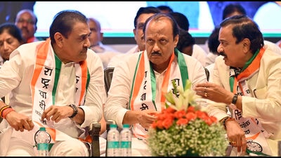 Mumbai, India - June 10, 2024:Dy CM Ajit Pawar interacts with his NCP party leader, while celebrating 25th NCP Foundation Day, along with his party workers at Shanmukhanand Hall, in Mumbai, India, on Monday, June 10, 2024. (Photo by Anshuman Poyrekar/ Hindustan Times) (Hindustan Times) Mumbai, India - June 10, 2024:Dy CM Ajit Pawar interacts with his NCP party leader, while celebrating 25th NCP Foundation Day, along with his party workers at Shanmukhanand Hall, in Mumbai, India, on Monday, June 10, 2024. (Photo by Anshuman Poyrekar/ Hindustan Times) (Hindustan Times)