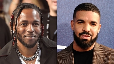 Rapper Kendrick Lamar appears at the MTV Video Music Awards, on Aug. 27, 2017, in Inglewood, Calif., left, and Canadian rapper Drake appears at the premiere of the series "Euphoria," in Los Angeles on June 4, 2019. (AP Photo) (AP)