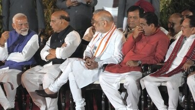 Prime Minister Narendra Modi with Rajnath Singh, Amit Shah, Nitin Gadkari and JP Nadda during the swearing-in ceremony at Rashtrapati Bhavan in New Delhi on Sunday. (PTI) Prime Minister Narendra Modi with Rajnath Singh, Amit Shah, Nitin Gadkari and JP Nadda during the swearing-in ceremony at Rashtrapati Bhavan in New Delhi on Sunday. (PTI)