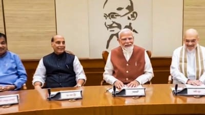 Prime Minister Narendra Modi chairs the first meeting of his new Cabinet, attended by the newly inducted ministers, at the prime minister's 7, Lok Kalyan Marg residence, in New Delhi, Monday, June 10. BJP MPs Rajnath Singh, Amit Shah, Nitin Gadkari and JP Nadda are also seen. (PTI) Prime Minister Narendra Modi chairs the first meeting of his new Cabinet, attended by the newly inducted ministers, at the prime minister's 7, Lok Kalyan Marg residence, in New Delhi, Monday, June 10. BJP MPs Rajnath Singh, Amit Shah, Nitin Gadkari and JP Nadda are also seen. (PTI)