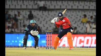 Players in action at the IS Bindra PCA Stadium in Mohali on Monday. (RAVI KUMAR/HT) Players in action at the IS Bindra PCA Stadium in Mohali on Monday. (RAVI KUMAR/HT)