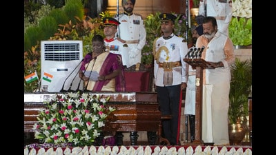 President Droupadi Murmu administers oath to BJP MP Suresh Gopi as minister, at the swearing-in ceremony of the new Union government at Rashtrapati Bhavan, in New Delhi. (PTI) President Droupadi Murmu administers oath to BJP MP Suresh Gopi as minister, at the swearing-in ceremony of the new Union government at Rashtrapati Bhavan, in New Delhi. (PTI)