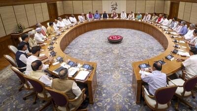 Prime Minister Narendra Modi chairs the first meeting of his new Cabinet, attended by the newly-inducted ministers, at the prime minister's 7, Lok Kalyan Marg residence, in New Delhi, on Monday. (PTI) Prime Minister Narendra Modi chairs the first meeting of his new Cabinet, attended by the newly-inducted ministers, at the prime minister's 7, Lok Kalyan Marg residence, in New Delhi, on Monday. (PTI)